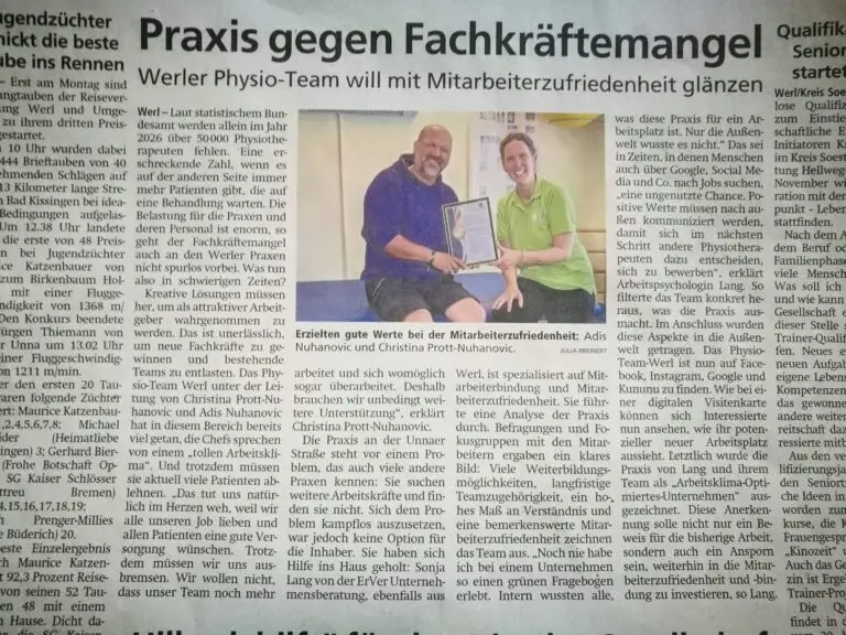 Zeitungsartikel über das PhysioTeam Werl: Praxis gegen Fachkräftemangel, begleitet von der ErVer Unternehmensberatung