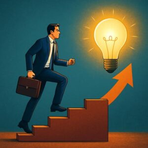 Ein Mann, der eine Treppe mit Erkenntnis hochsteigt, weil genau das passiert in Zusammenarbeit mit der ErVer Unternehmensberatung. Inhaber (w,m,d) haben Erkenntnisse.