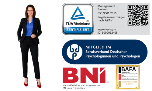 Sonja Lang mit allen Auszeichnungen nd Mitgliedschaften von der ErVer Unternehmensberatung.