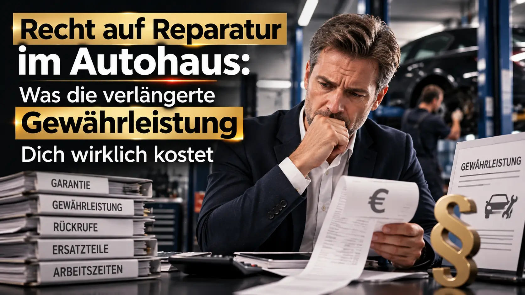 Ein Geschäftsführer im Autohaus, der seine Zahlen überprüft wegen dem neuen Recht auf Gewährleistung