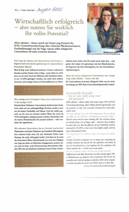 Titelseite des Artikels in Feine Adressen Düsseldorf über Sonja Lang: Wirtschaftlich erfolgreich, aber nutzen Sie wirklich Ihr volles Potential