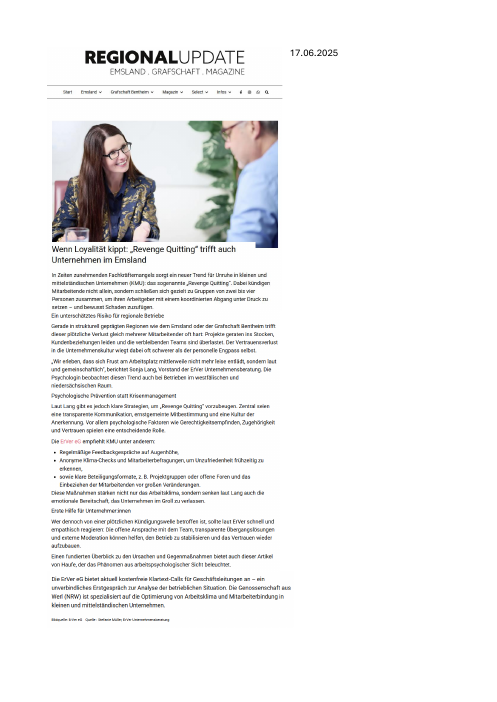 Artikel auf regionalupdate.de: Wenn Loyalität kippt, Revenge Quitting trifft auch Unternehmen im Emsland, mit Sonja Lang